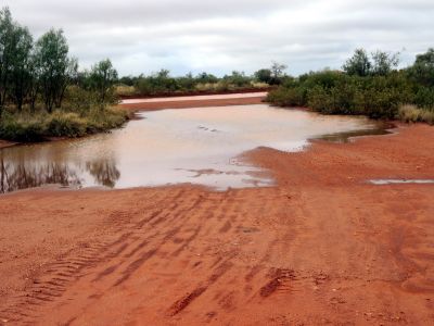 Období dešťů se poněkud opozdilo, na prašné Tanami Road projíždíme kalužemi i několik set metrů dlouhými.