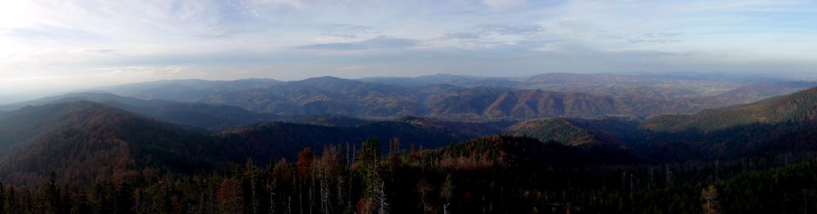 Pohled z Lubaně zpátky na Gorce.