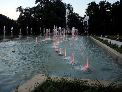 Večer byla nasvětlena fontána v parku.