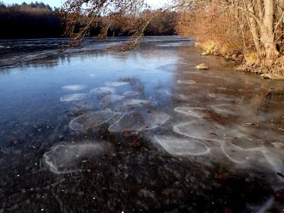 Krásné obrazce v ledu na Vyžlovském rybníku.